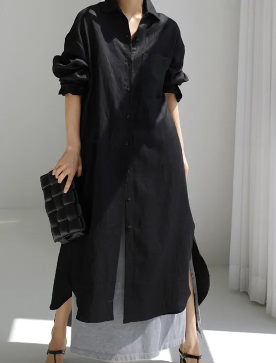 Online Women's Long Dress Maxi Dress Linen-Inspired Dresses Shirt Dress Casual Dress Cotton Linen Dress Stylish Casual Vacation Daily Date Regular Fit Plain Long Sleeve Lapel Black Navy Blue Apricot Summer Women Dresses