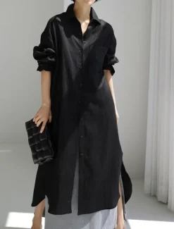 Online Women's Long Dress Maxi Dress Linen-Inspired Dresses Shirt Dress Casual Dress Cotton Linen Dress Stylish Casual Vacation Daily Date Regular Fit Plain Long Sleeve Lapel Black Navy Blue Apricot Summer Women Dresses