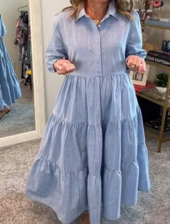 Hot Women's Long Dress Maxi Dress Cotton Linen Dresses Shirt Dress Casual Dress Stylish Basic Casual Vacation Daily Loose Fit Plain Long Sleeve Shirt Collar White Green Dark Gray Light Blue Spring Fall Women Dresses
