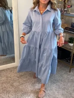 Hot Women's Long Dress Maxi Dress Cotton Linen Dresses Shirt Dress Casual Dress Stylish Basic Casual Vacation Daily Loose Fit Plain Long Sleeve Shirt Collar White Green Dark Gray Light Blue Spring Fall Women Dresses