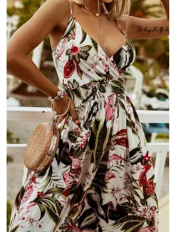 Online Women's Long Dress Maxi Dress Slip Dress Print Dress Fashion Outdoor Holiday Tea Party Regular Fit Flower Sleeveless Spaghetti Strap Black White Green Summer Women Floral Dresses