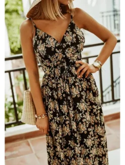 Online Women's Long Dress Maxi Dress Slip Dress Print Dress Fashion Outdoor Holiday Tea Party Regular Fit Flower Sleeveless Spaghetti Strap Black White Green Summer Women Floral Dresses