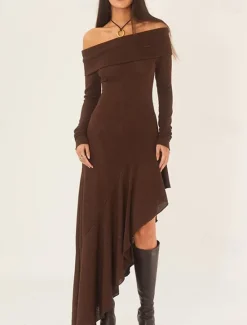 New Women's Long Dress Maxi Dress White Dress Graduation Dress Prom Dress Party Dress Fashion Party Evening Party Regular Fit Plain Long Sleeve Off Shoulder Black White Brown Summer Women White Dresses