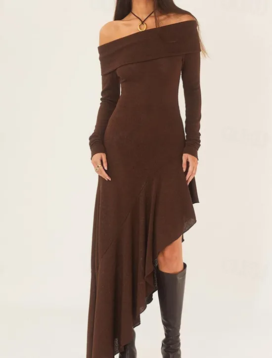 New Women's Long Dress Maxi Dress White Dress Graduation Dress Prom Dress Party Dress Fashion Party Evening Party Regular Fit Plain Long Sleeve Off Shoulder Black White Brown Summer Women White Dresses