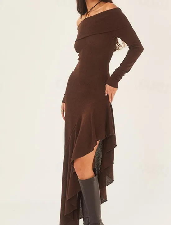 New Women's Long Dress Maxi Dress White Dress Graduation Dress Prom Dress Party Dress Fashion Party Evening Party Regular Fit Plain Long Sleeve Off Shoulder Black White Brown Summer Women White Dresses