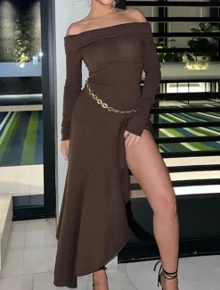 New Women's Long Dress Maxi Dress White Dress Graduation Dress Prom Dress Party Dress Fashion Party Evening Party Regular Fit Plain Long Sleeve Off Shoulder Black White Brown Summer Women White Dresses