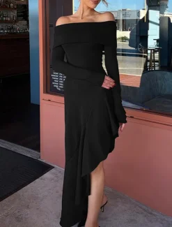 New Women's Long Dress Maxi Dress White Dress Graduation Dress Prom Dress Party Dress Fashion Party Evening Party Regular Fit Plain Long Sleeve Off Shoulder Black White Brown Summer Women White Dresses