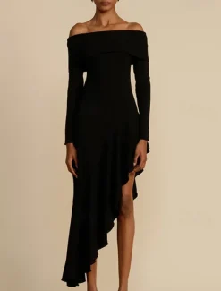 New Women's Long Dress Maxi Dress White Dress Graduation Dress Prom Dress Party Dress Fashion Party Evening Party Regular Fit Plain Long Sleeve Off Shoulder Black White Brown Summer Women White Dresses