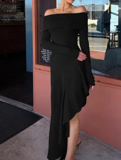 New Women's Long Dress Maxi Dress White Dress Graduation Dress Prom Dress Party Dress Fashion Party Evening Party Regular Fit Plain Long Sleeve Off Shoulder Black White Brown Summer Women White Dresses