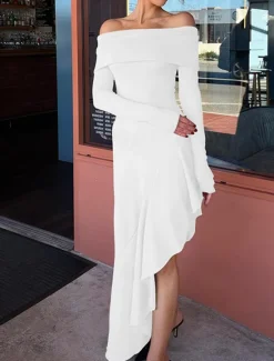 New Women's Long Dress Maxi Dress White Dress Graduation Dress Prom Dress Party Dress Fashion Party Evening Party Regular Fit Plain Long Sleeve Off Shoulder Black White Brown Summer Women White Dresses