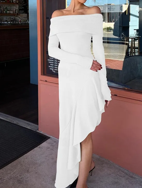 New Women's Long Dress Maxi Dress White Dress Graduation Dress Prom Dress Party Dress Fashion Party Evening Party Regular Fit Plain Long Sleeve Off Shoulder Black White Brown Summer Women White Dresses