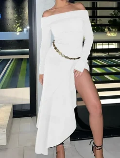 New Women's Long Dress Maxi Dress White Dress Graduation Dress Prom Dress Party Dress Fashion Party Evening Party Regular Fit Plain Long Sleeve Off Shoulder Black White Brown Summer Women White Dresses