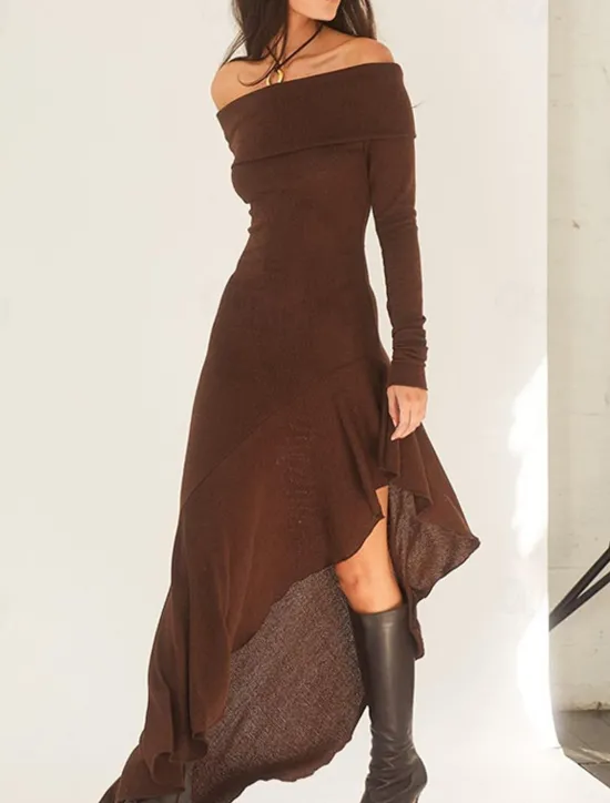 New Women's Long Dress Maxi Dress White Dress Graduation Dress Prom Dress Party Dress Fashion Party Evening Party Regular Fit Plain Long Sleeve Off Shoulder Black White Brown Summer Women White Dresses