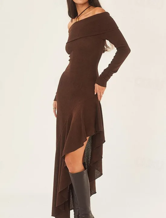 New Women's Long Dress Maxi Dress White Dress Graduation Dress Prom Dress Party Dress Fashion Party Evening Party Regular Fit Plain Long Sleeve Off Shoulder Black White Brown Summer Women White Dresses