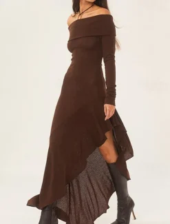 New Women's Long Dress Maxi Dress White Dress Graduation Dress Prom Dress Party Dress Fashion Party Evening Party Regular Fit Plain Long Sleeve Off Shoulder Black White Brown Summer Women White Dresses