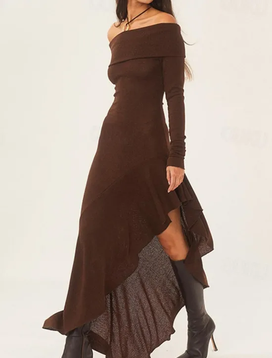 New Women's Long Dress Maxi Dress White Dress Graduation Dress Prom Dress Party Dress Fashion Party Evening Party Regular Fit Plain Long Sleeve Off Shoulder Black White Brown Summer Women White Dresses