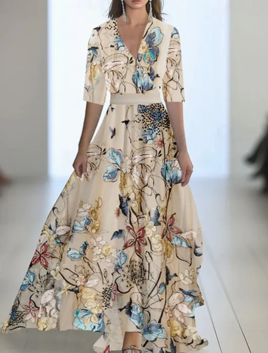 Best Women's Long Dress Maxi Dress Casual Dress Swing Dress Summer Dress Elegant Fashion Romantic Outdoor Party Holiday Regular Fit Flower Half Sleeve V Neck Blue Khaki Summer Women Floral Dresses