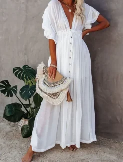 Women's Long Dress Maxi Dress Party Dress Casual Dress Swing Dress Pure Color Fashion Casual Outdoor Daily Vacation Ruffle Backless Short Sleeve V Neck Dress Loose Fit ArmyGreen White Red Summer Women White Dresses