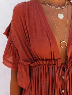 Women's Long Dress Maxi Dress Party Dress Casual Dress Swing Dress Pure Color Fashion Casual Outdoor Daily Vacation Ruffle Backless Short Sleeve V Neck Dress Loose Fit ArmyGreen White Red Summer Women White Dresses