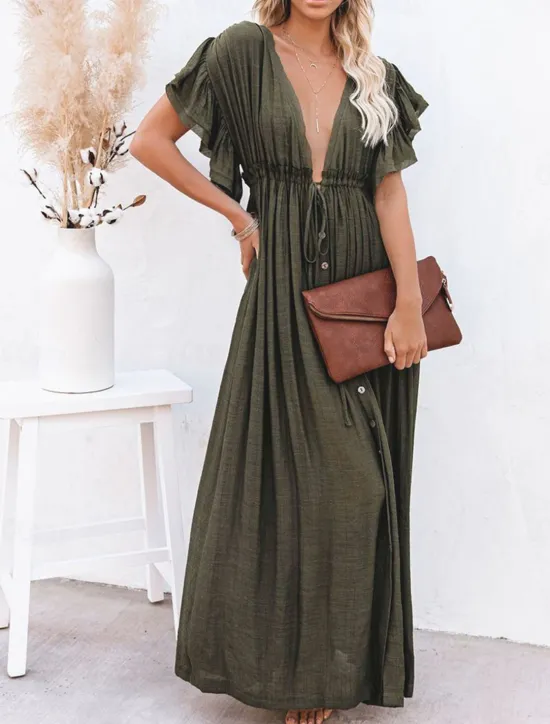 Women's Long Dress Maxi Dress Party Dress Casual Dress Swing Dress Pure Color Fashion Casual Outdoor Daily Vacation Ruffle Backless Short Sleeve V Neck Dress Loose Fit ArmyGreen White Red Summer Women White Dresses