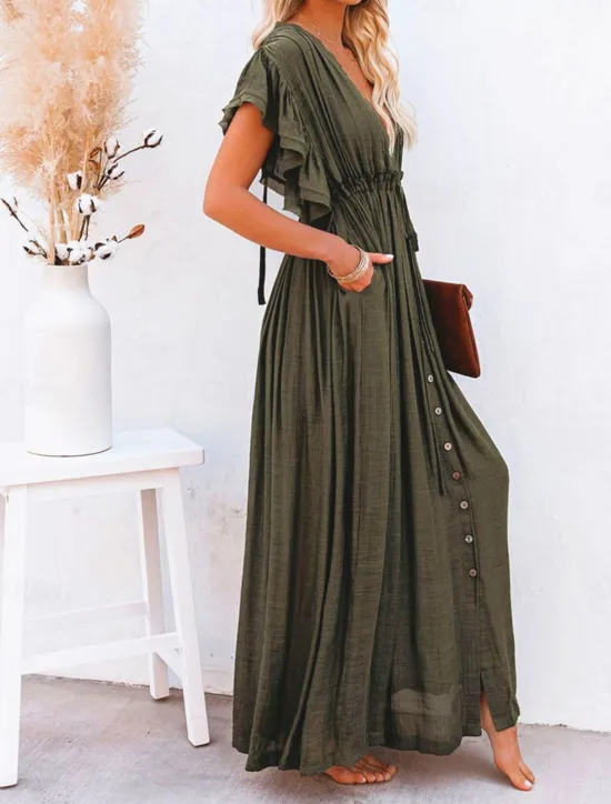 Women's Long Dress Maxi Dress Party Dress Casual Dress Swing Dress Pure Color Fashion Casual Outdoor Daily Vacation Ruffle Backless Short Sleeve V Neck Dress Loose Fit ArmyGreen White Red Summer Women White Dresses