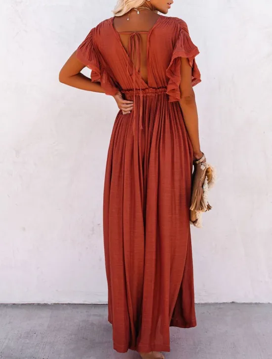 Women's Long Dress Maxi Dress Party Dress Casual Dress Swing Dress Pure Color Fashion Casual Outdoor Daily Vacation Ruffle Backless Short Sleeve V Neck Dress Loose Fit ArmyGreen White Red Summer Women White Dresses