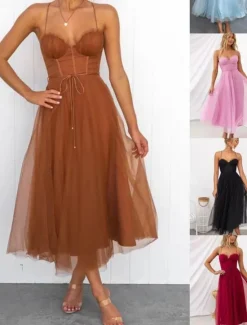 Discount Women's Long Dress Maxi Dress Casual Dress Cocktail Dress Wedding Guest Dress Chiffon Dress Fashion Outdoor Party Holiday Regular Fit Plain Sleeveless V Neck Black Pink Brown Summer Women Cocktail Dress