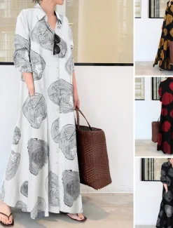 New Women's Long Dress Maxi Dress Cotton Linen Dress Print Dress Fashion Daily Weekend Regular Fit Flower Long Sleeve Shirt Collar Black White Yellow Red Summer Women Floral Dresses
