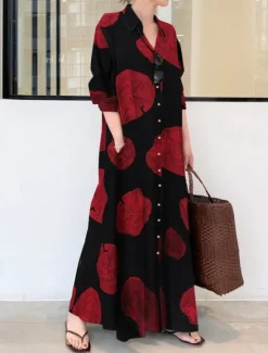New Women's Long Dress Maxi Dress Cotton Linen Dress Print Dress Fashion Daily Weekend Regular Fit Flower Long Sleeve Shirt Collar Black White Yellow Red Summer Women Floral Dresses