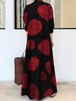 New Women's Long Dress Maxi Dress Cotton Linen Dress Print Dress Fashion Daily Weekend Regular Fit Flower Long Sleeve Shirt Collar Black White Yellow Red Summer Women Floral Dresses