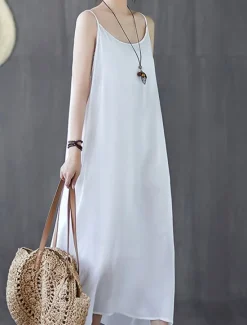 Outlet Women's Long Dress Maxi Dress Cotton Linen Dresses Casual Dress Slip Dress Basic Casual Vacation Casual Daily Regular Fit Plain Sleeveless Strap Black White Pink Blue Summer Spring Women Dresses