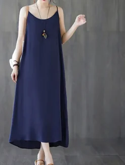 Outlet Women's Long Dress Maxi Dress Cotton Linen Dresses Casual Dress Slip Dress Basic Casual Vacation Casual Daily Regular Fit Plain Sleeveless Strap Black White Pink Blue Summer Spring Women Dresses