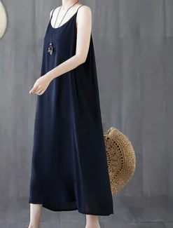 Outlet Women's Long Dress Maxi Dress Cotton Linen Dresses Casual Dress Slip Dress Basic Casual Vacation Casual Daily Regular Fit Plain Sleeveless Strap Black White Pink Blue Summer Spring Women Dresses