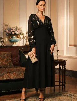 Hot Women's Long Dress Sheer Feather Print Sleeves V-neck Black Festive Party Elegant Maxi Winter Fall Clothing Apparel Women Cocktail Dress
