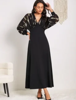 Hot Women's Long Dress Sheer Feather Print Sleeves V-neck Black Festive Party Elegant Maxi Winter Fall Clothing Apparel Women Cocktail Dress