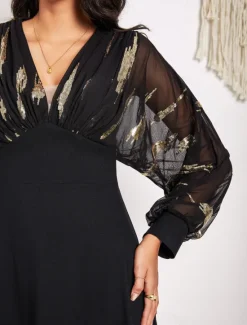 Hot Women's Long Dress Sheer Feather Print Sleeves V-neck Black Festive Party Elegant Maxi Winter Fall Clothing Apparel Women Cocktail Dress