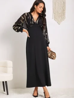 Hot Women's Long Dress Sheer Feather Print Sleeves V-neck Black Festive Party Elegant Maxi Winter Fall Clothing Apparel Women Cocktail Dress