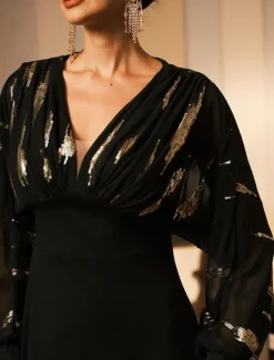 Hot Women's Long Dress Sheer Feather Print Sleeves V-neck Black Festive Party Elegant Maxi Winter Fall Clothing Apparel Women Cocktail Dress