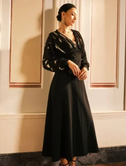 Hot Women's Long Dress Sheer Feather Print Sleeves V-neck Black Festive Party Elegant Maxi Winter Fall Clothing Apparel Women Cocktail Dress