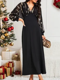 Hot Women's Long Dress Sheer Feather Print Sleeves V-neck Black Festive Party Elegant Maxi Winter Fall Clothing Apparel Women Cocktail Dress
