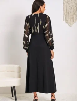 Hot Women's Long Dress Sheer Feather Print Sleeves V-neck Black Festive Party Elegant Maxi Winter Fall Clothing Apparel Women Cocktail Dress