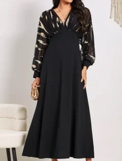 Hot Women's Long Dress Sheer Feather Print Sleeves V-neck Black Festive Party Elegant Maxi Winter Fall Clothing Apparel Women Cocktail Dress