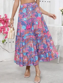 Sale Women's Long Skirt Bohemia Boho Long Maxi High Waist Skirts Graphic Color Block Patchwork Print Micro-elastic Holiday Beach Summer Polyester Women Skirts