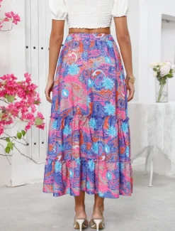 Sale Women's Long Skirt Bohemia Boho Long Maxi High Waist Skirts Graphic Color Block Patchwork Print Micro-elastic Holiday Beach Summer Polyester Women Skirts