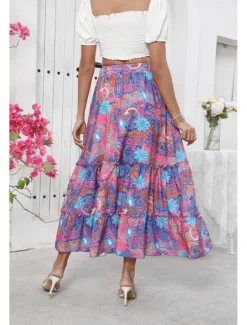 Sale Women's Long Skirt Bohemia Boho Long Maxi High Waist Skirts Graphic Color Block Patchwork Print Micro-elastic Holiday Beach Summer Polyester Women Skirts