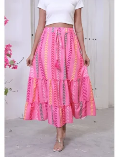 New Women's Long Skirt Bohemia Boho Long Maxi High Waist Skirts Graphic Color Block Patchwork Print Micro-elastic Holiday Beach Summer Polyester Women Skirts
