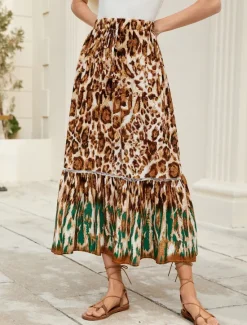 Women's Long Skirt Bohemia Boho Long Maxi High Waist Skirts Leopard Color Block Patchwork Print Micro-elastic Holiday Beach Spring, Fall, Winter, Summer Polyester Viscose Women Skirts
