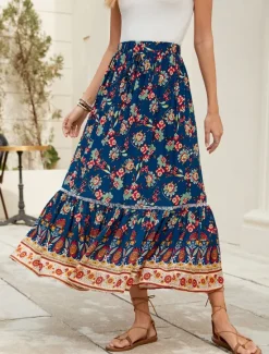 Discount Women's Long Skirt Bohemia Boho Long Maxi High Waist Skirts Graphic Color Block Patchwork Print Micro-elastic Holiday Beach Spring, Fall, Winter, Summer Polyester Viscose Women Skirts