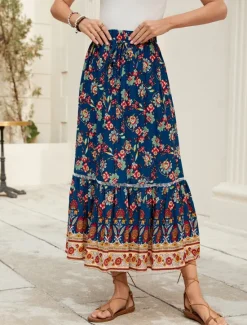 Discount Women's Long Skirt Bohemia Boho Long Maxi High Waist Skirts Graphic Color Block Patchwork Print Micro-elastic Holiday Beach Spring, Fall, Winter, Summer Polyester Viscose Women Skirts