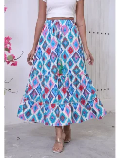 Best Women's Long Skirt Bohemia Boho Long Maxi High Waist Skirts Graphic Color Block Patchwork Print Micro-elastic Holiday Beach Summer Polyester Women Skirts